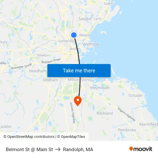 Belmont St @ Main St to Randolph, MA map