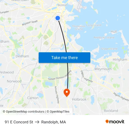 91 E Concord St to Randolph, MA map