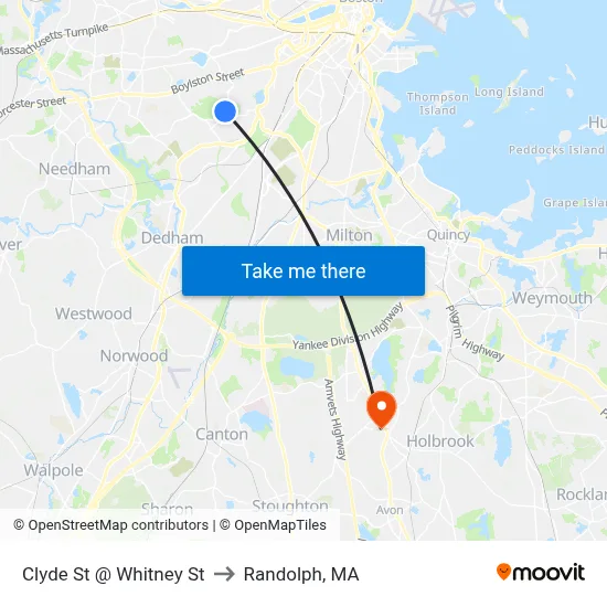 Clyde St @ Whitney St to Randolph, MA map