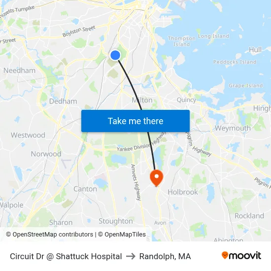 Circuit Dr @ Shattuck Hospital to Randolph, MA map