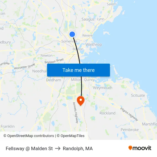 Fellsway @ Malden St to Randolph, MA map