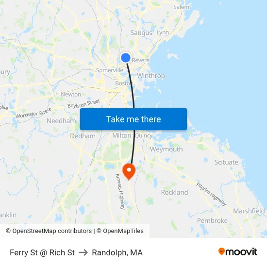 Ferry St @ Rich St to Randolph, MA map