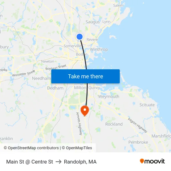 Main St @ Centre St to Randolph, MA map