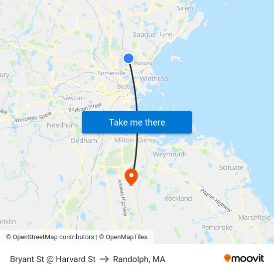 Bryant St @ Harvard St to Randolph, MA map