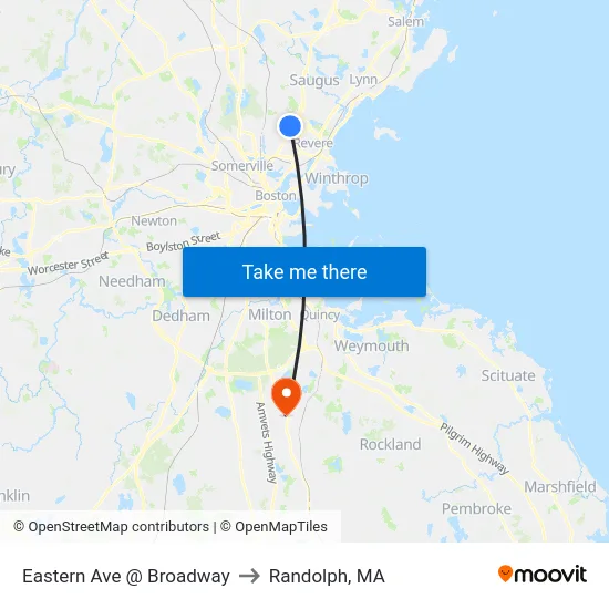 Eastern Ave @ Broadway to Randolph, MA map