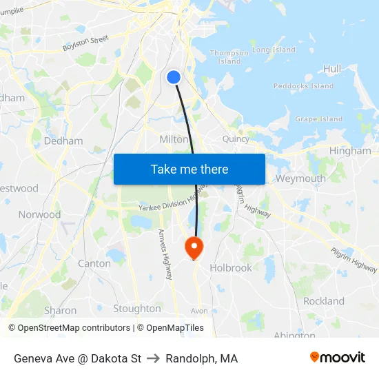 Geneva Ave @ Dakota St to Randolph, MA map