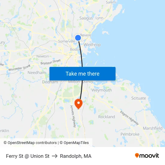 Ferry St @ Union St to Randolph, MA map