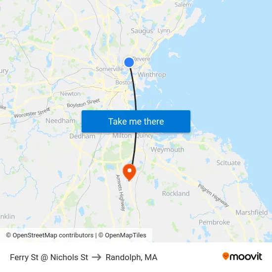 Ferry St @ Nichols St to Randolph, MA map