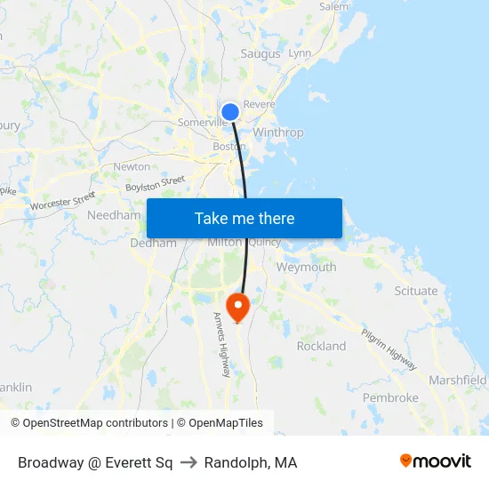 Broadway @ Everett Sq to Randolph, MA map