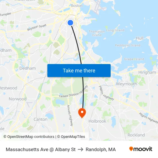 Massachusetts Ave @ Albany St to Randolph, MA map
