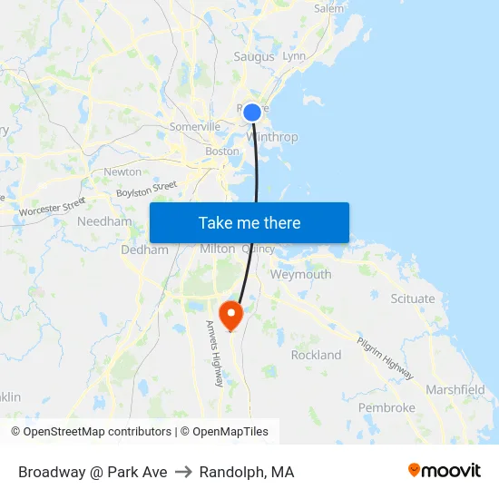 Broadway @ Park Ave to Randolph, MA map