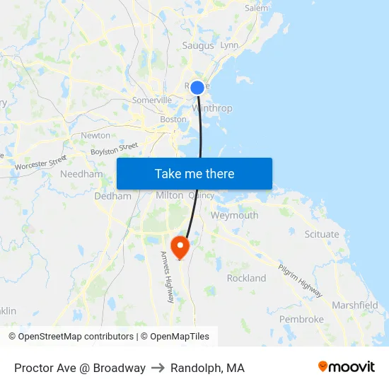 Proctor Ave @ Broadway to Randolph, MA map