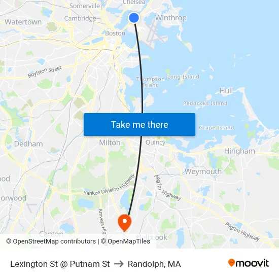Lexington St @ Putnam St to Randolph, MA map