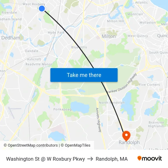 Washington St @ W Roxbury Pkwy to Randolph, MA map