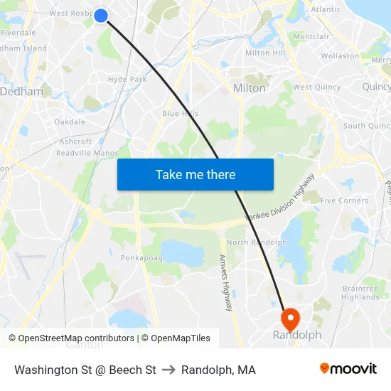 Washington St @ Beech St to Randolph, MA map