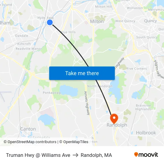Truman Hwy @ Williams Ave to Randolph, MA map