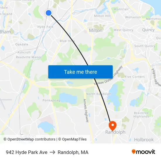 942 Hyde Park Ave to Randolph, MA map
