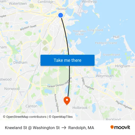 Kneeland St @ Washington St to Randolph, MA map