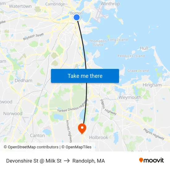 Devonshire St @ Milk St to Randolph, MA map
