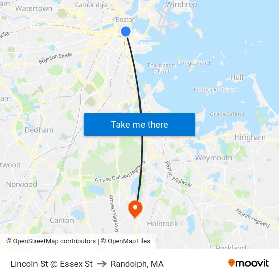 Lincoln St @ Essex St to Randolph, MA map