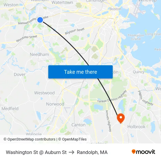 Washington St @ Auburn St to Randolph, MA map