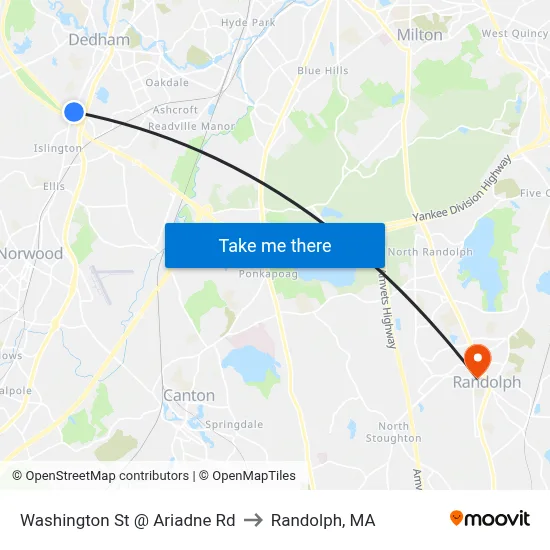 Washington St @ Ariadne Rd to Randolph, MA map