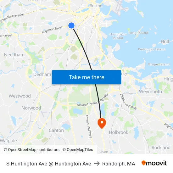 S Huntington Ave @ Huntington Ave to Randolph, MA map