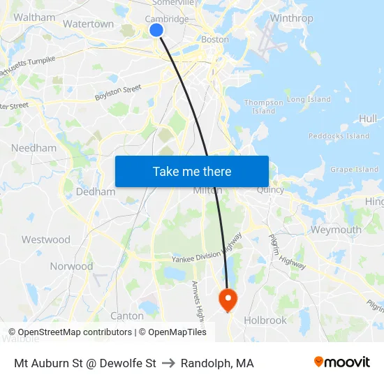 Mt Auburn St @ Dewolfe St to Randolph, MA map