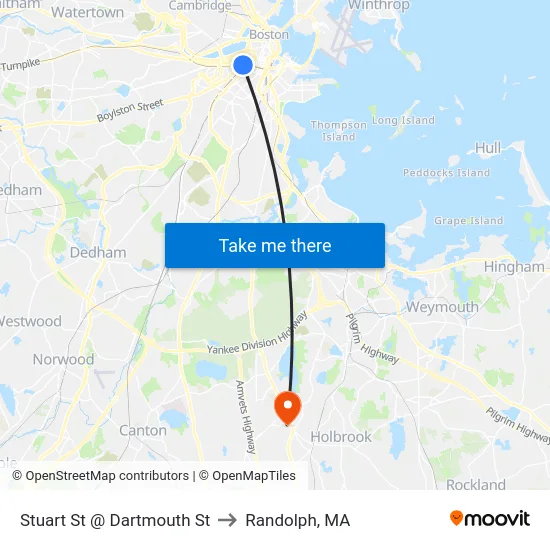 Stuart St @ Dartmouth St to Randolph, MA map