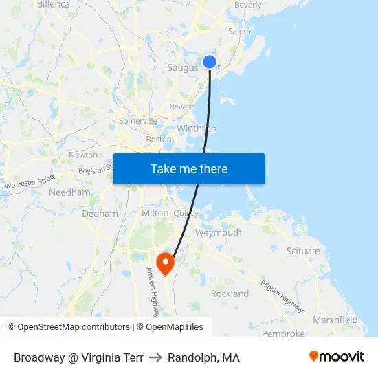 Broadway @ Virginia Terr to Randolph, MA map