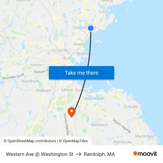 Western Ave @ Washington St to Randolph, MA map