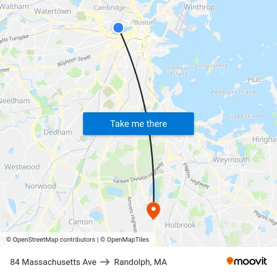 84 Massachusetts Ave to Randolph, MA map