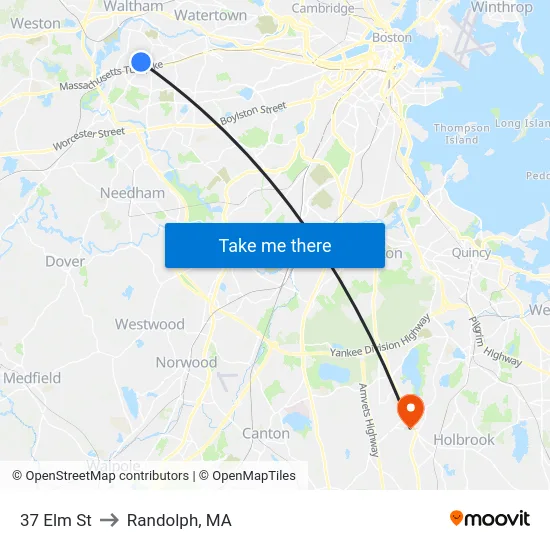 37 Elm St to Randolph, MA map