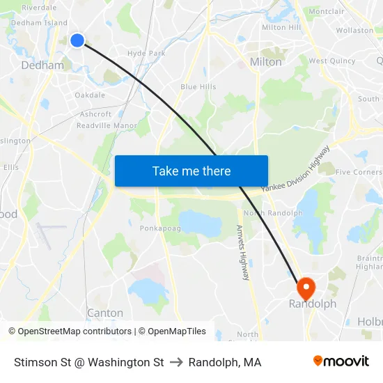 Stimson St @ Washington St to Randolph, MA map