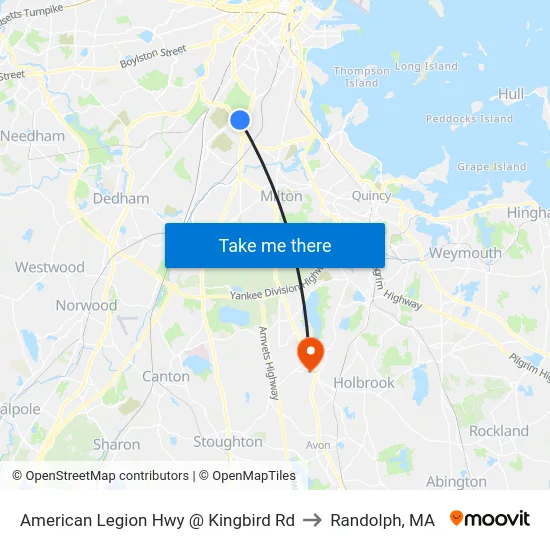 American Legion Hwy @ Kingbird Rd to Randolph, MA map