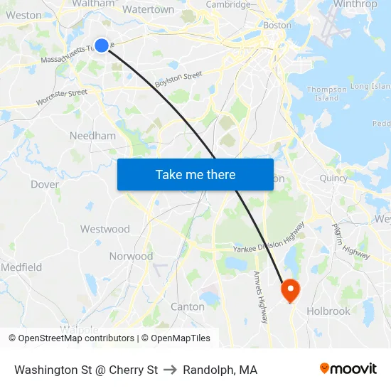 Washington St @ Cherry St to Randolph, MA map