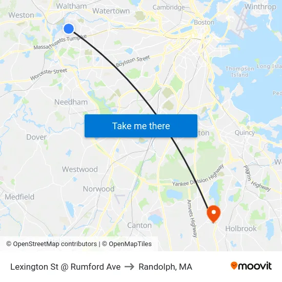 Lexington St @ Rumford Ave to Randolph, MA map