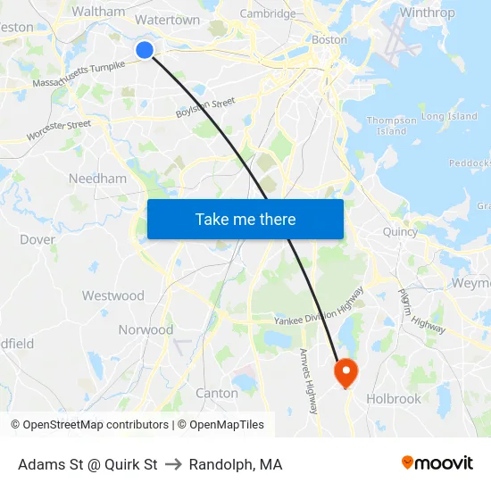 Adams St @ Quirk St to Randolph, MA map