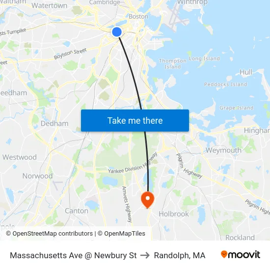 Massachusetts Ave @ Newbury St to Randolph, MA map