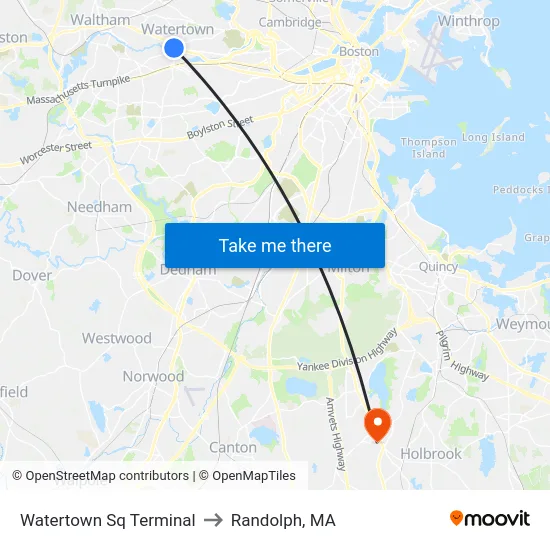Watertown Sq Terminal to Randolph, MA map