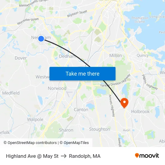Highland Ave @ May St to Randolph, MA map