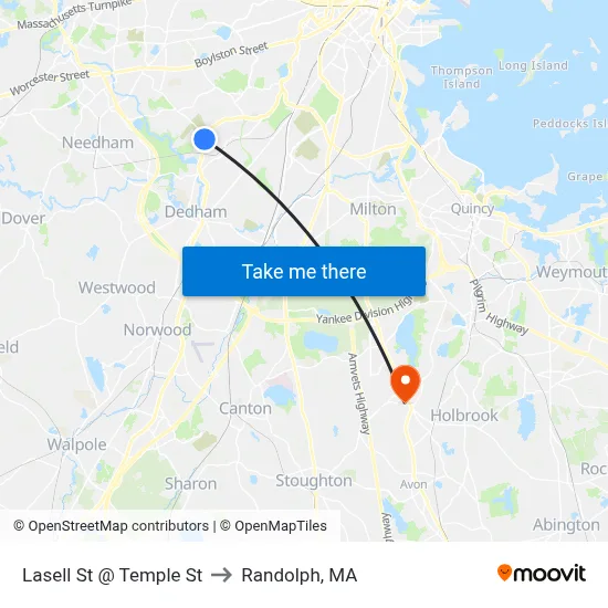Lasell St @ Temple St to Randolph, MA map