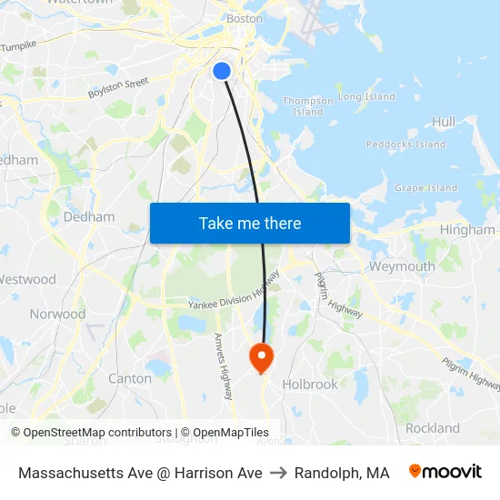 Massachusetts Ave @ Harrison Ave to Randolph, MA map