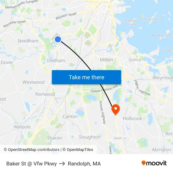 Baker St @ Vfw Pkwy to Randolph, MA map