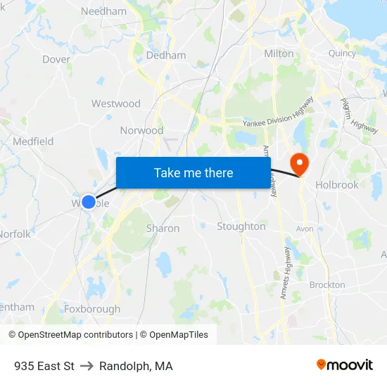 935 East St to Randolph, MA map