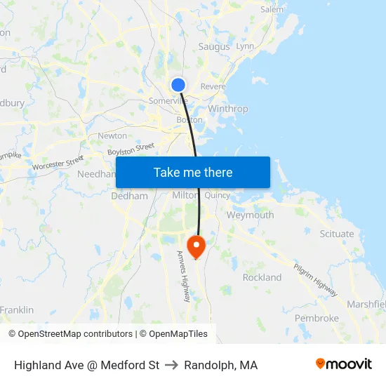Highland Ave @ Medford St to Randolph, MA map