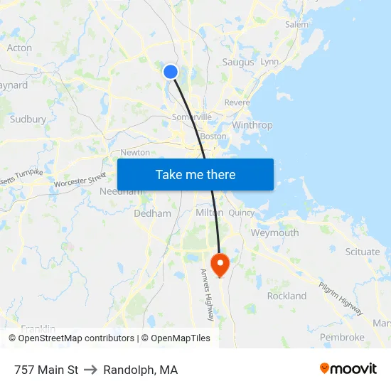 757 Main St to Randolph, MA map