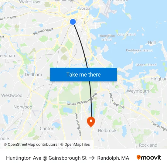 Huntington Ave @ Gainsborough St to Randolph, MA map