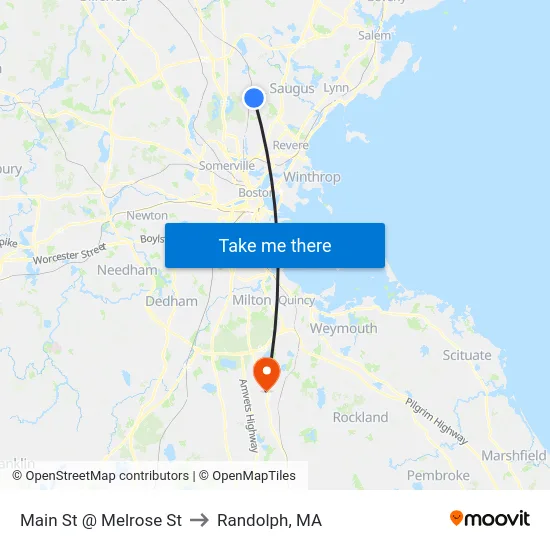 Main St @ Melrose St to Randolph, MA map