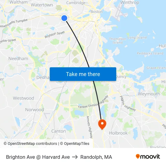 Brighton Ave @ Harvard Ave to Randolph, MA map